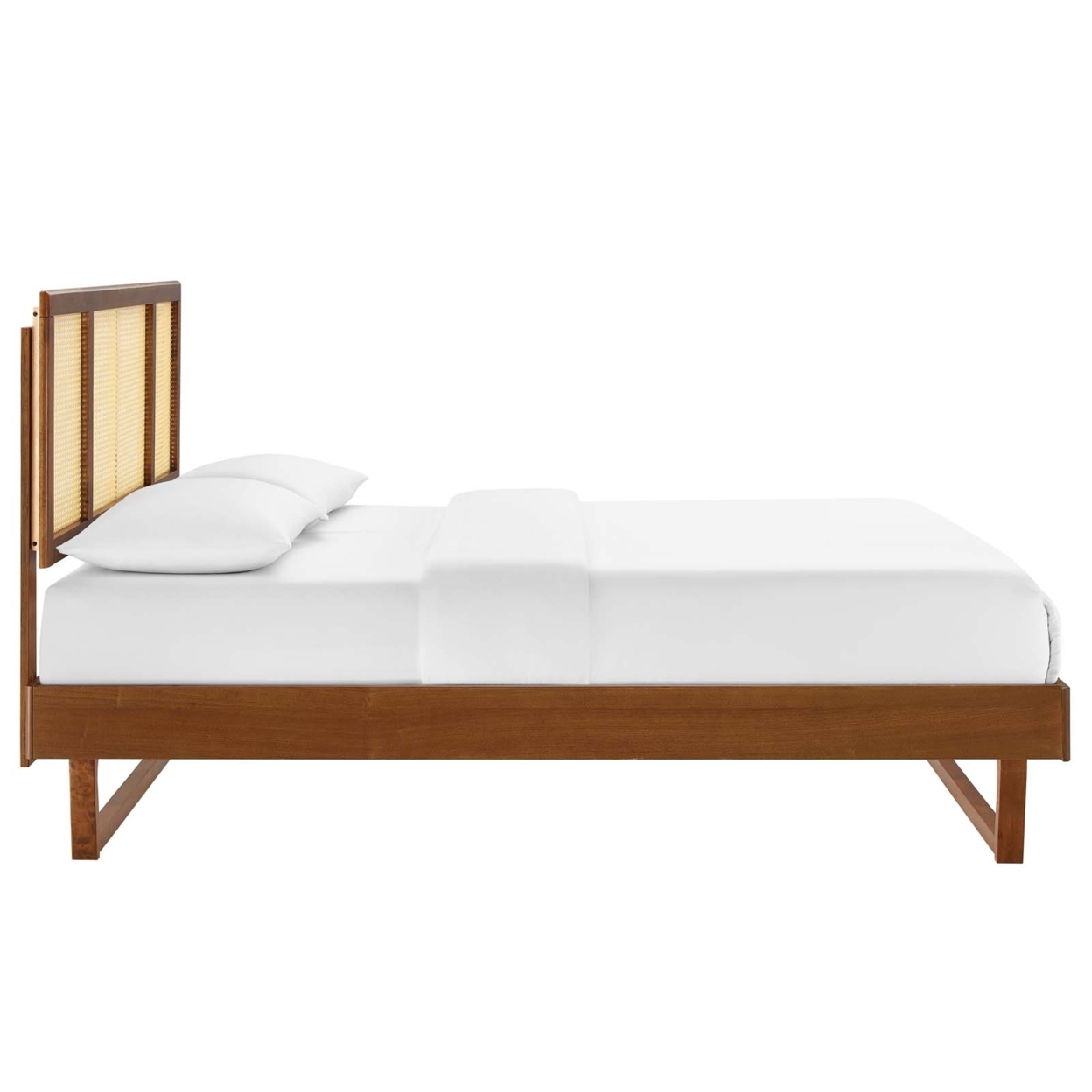 Kelsea Cane And Wood Queen Platform Bed With Angular Legs, Walnut