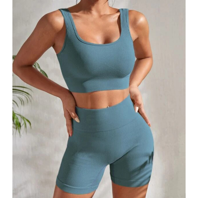 Ribbed Knit Wide Waistband Sports Set - Dusty Blue, Large(8/10)