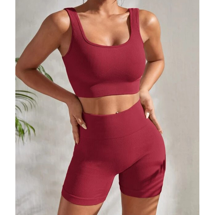 Ribbed Knit Wide Waistband Sports Set - Redwood, Small(4)