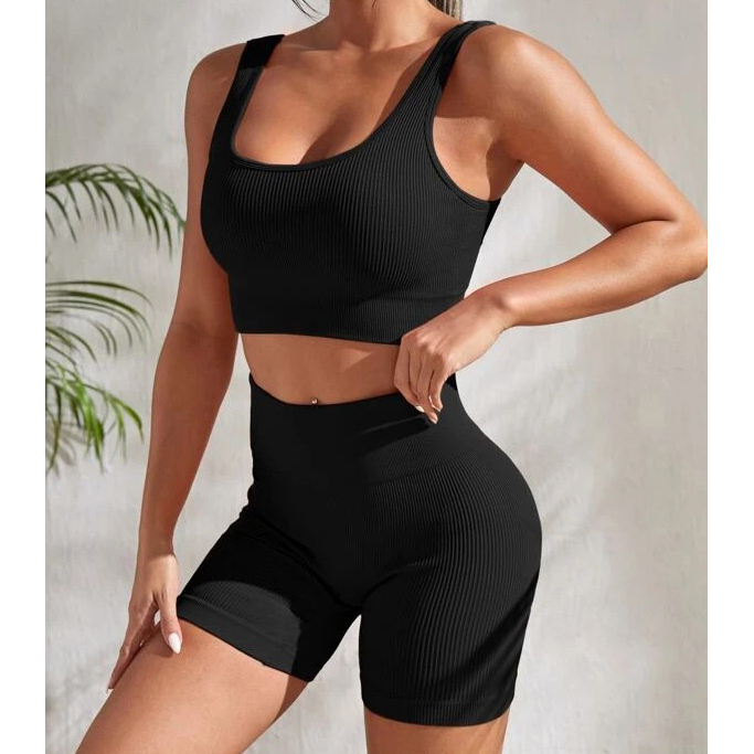 Ribbed Knit Wide Waistband Sports Set - Black, Small(4)
