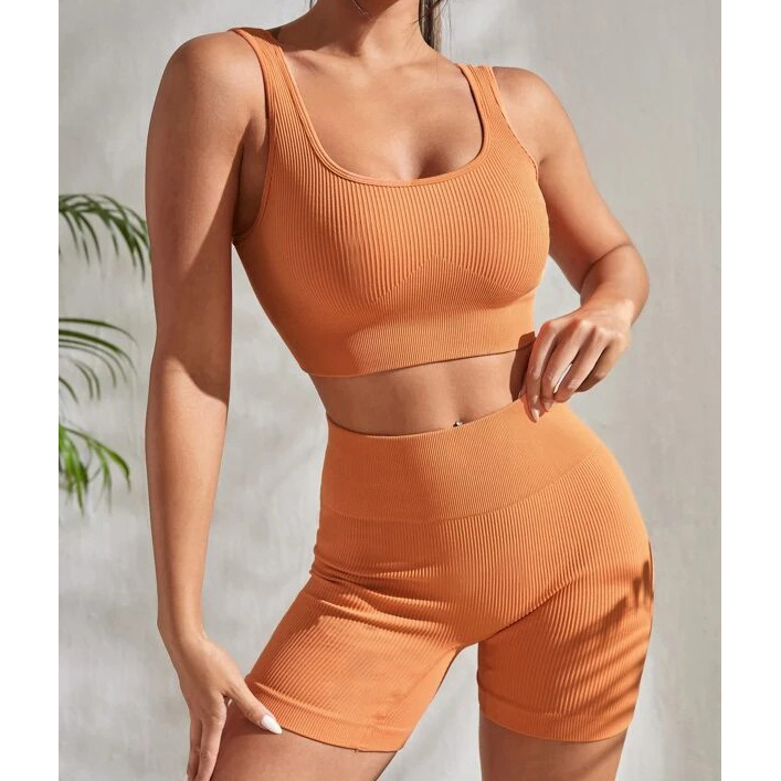 Ribbed Knit Wide Waistband Sports Set - Coral Orange, Small(4)