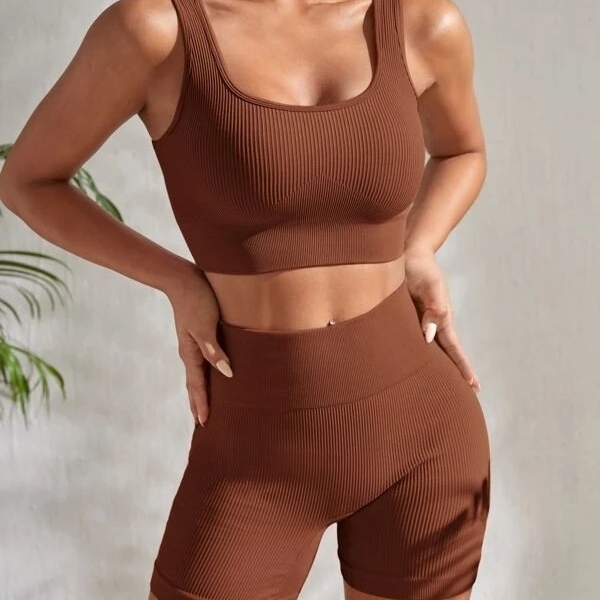 Ribbed Knit Wide Waistband Sports Set - Coffee Brown, Small(4)