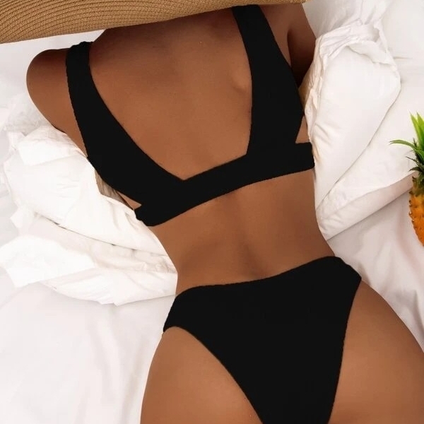 Plain Bikini Swimsuit - Black, Medium(6)