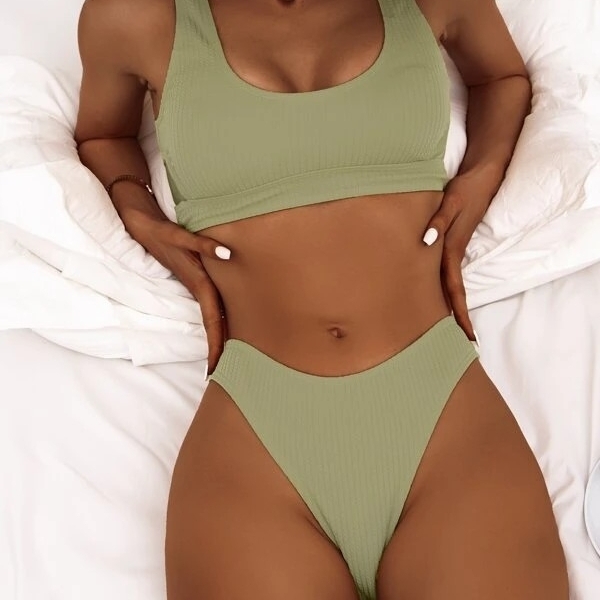 Plain Bikini Swimsuit - Mint Green, Small(4)