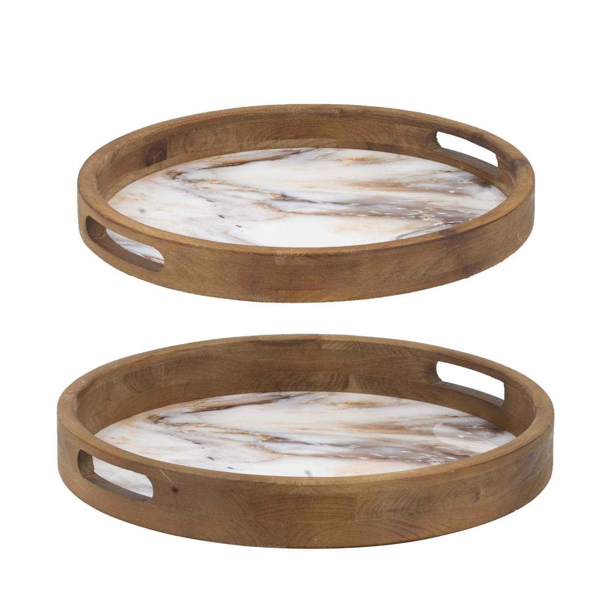 18, 15 Inch Round Decorative Tray, Marble Effect, Brown Fir Wood Frame- Saltoro Sherpi