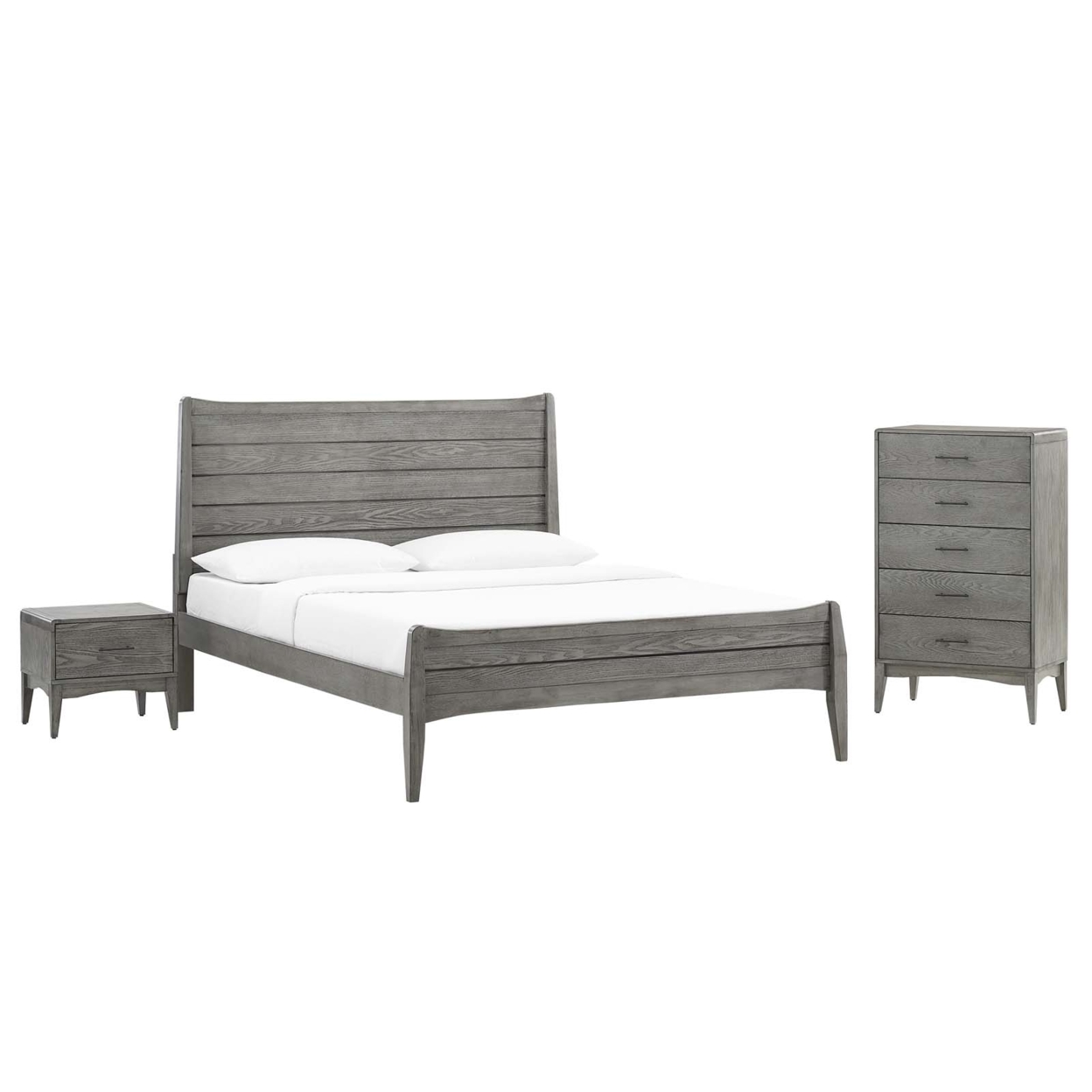 3 Piece Wooden Farmhouse Full Queen Bed Nightstand And Chest Set, Gray, Saltoro Sherpi