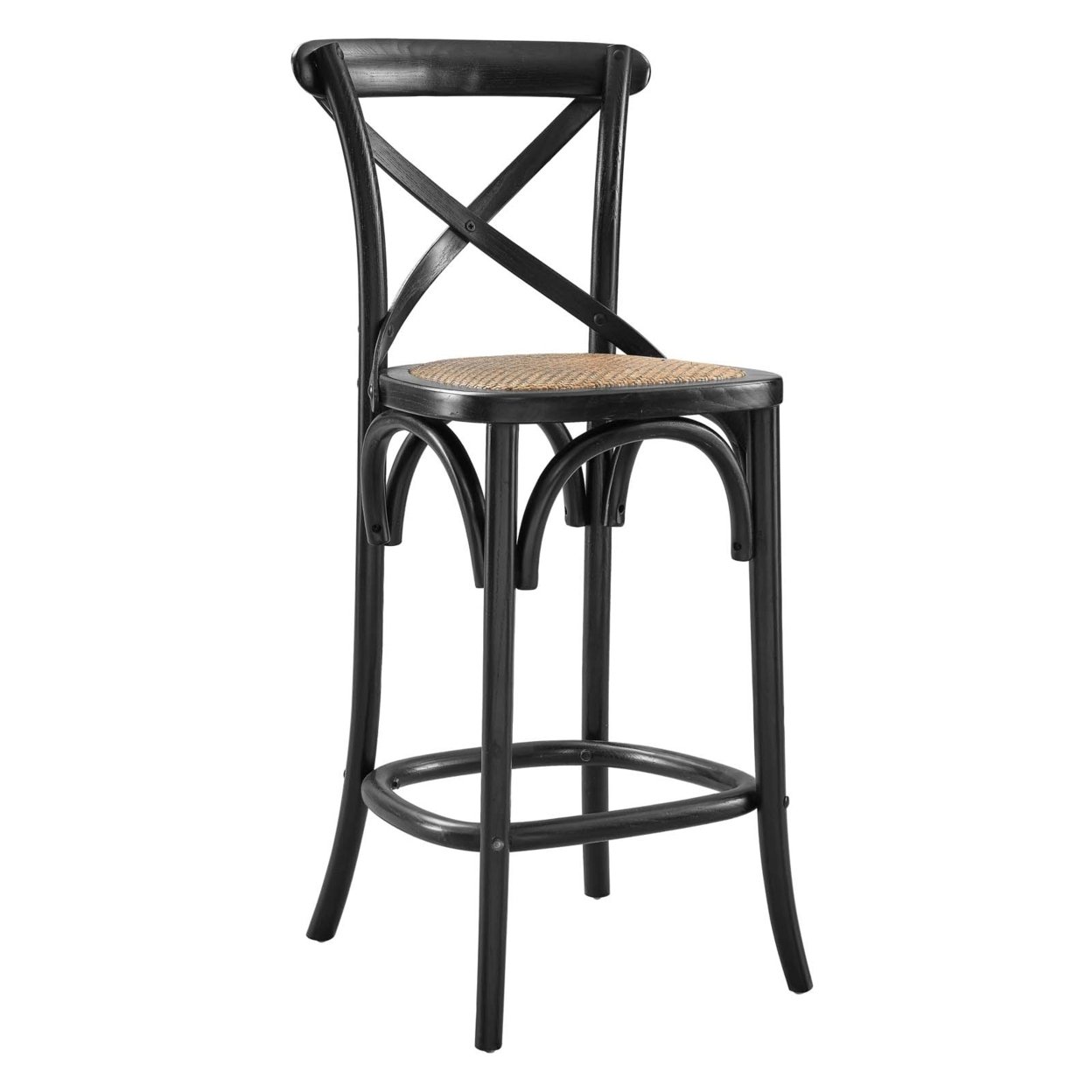 Wooden Farmhouse Counter Stool With X Brace Back And Woven Seat, Black, Saltoro Sherpi