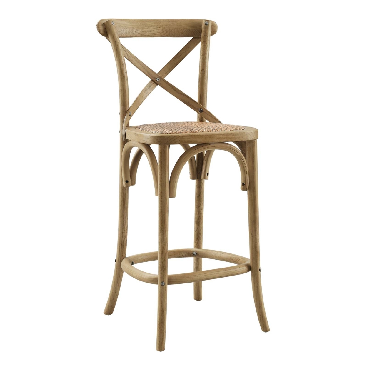 Wooden Farmhouse Counter Stool With X Brace Back And Woven Seat, Brown, Saltoro Sherpi