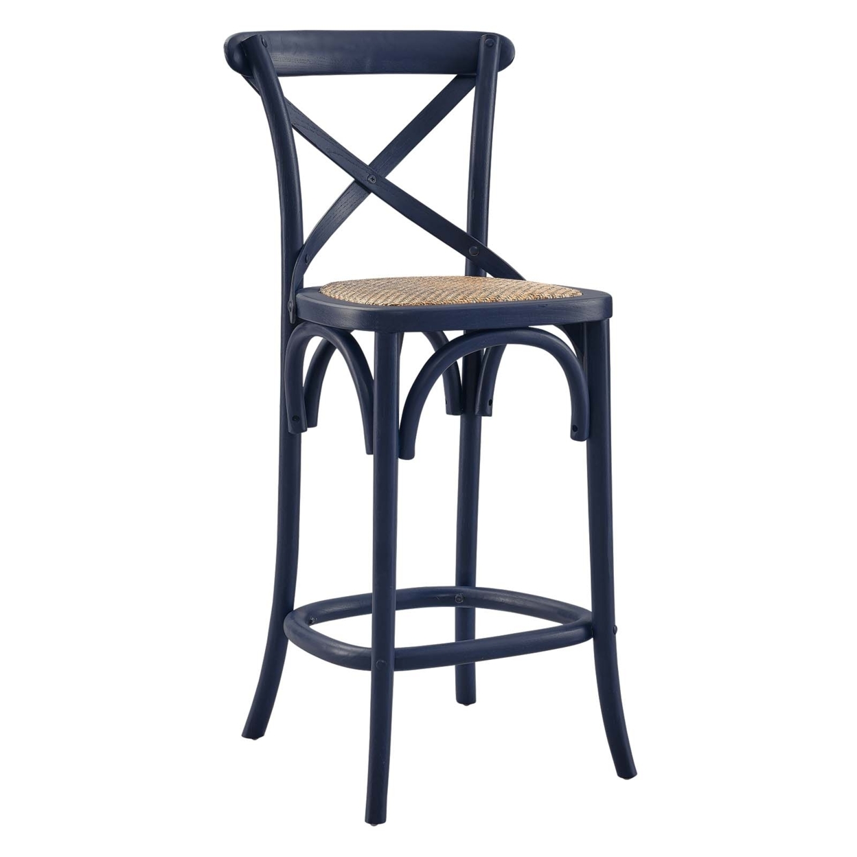 Wooden Farmhouse Counter Stool With X Brace Back And Woven Seat, Blue, Saltoro Sherpi