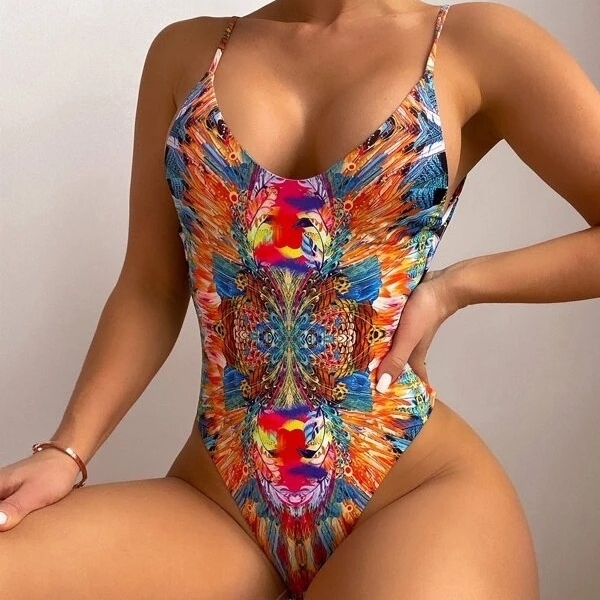 Allover Print Backless One Piece Swimsuit - Large(8/12)