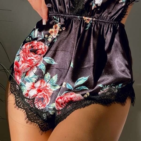 Floral Print Lace Trim Satin Teddy Bodysuit - Small