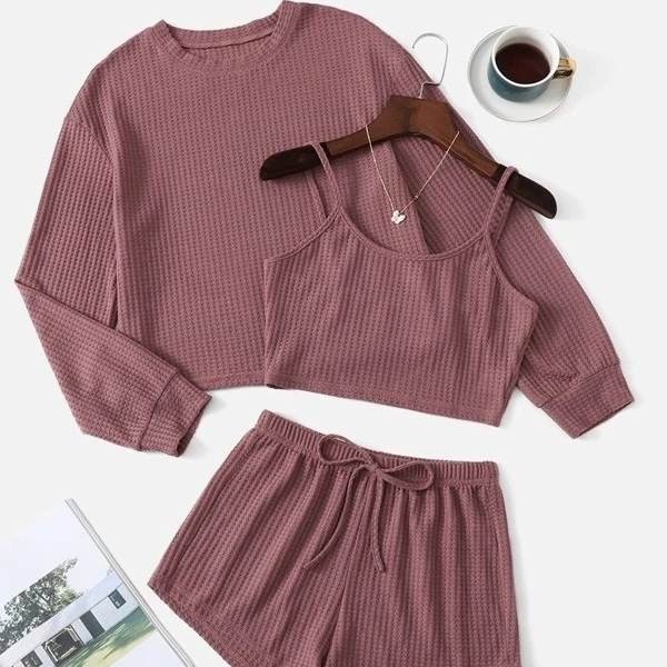 Solid Rib-knit Lounge Cami Top & Knot Detail Shorts & Drop Shoulder Tee - Small(4)