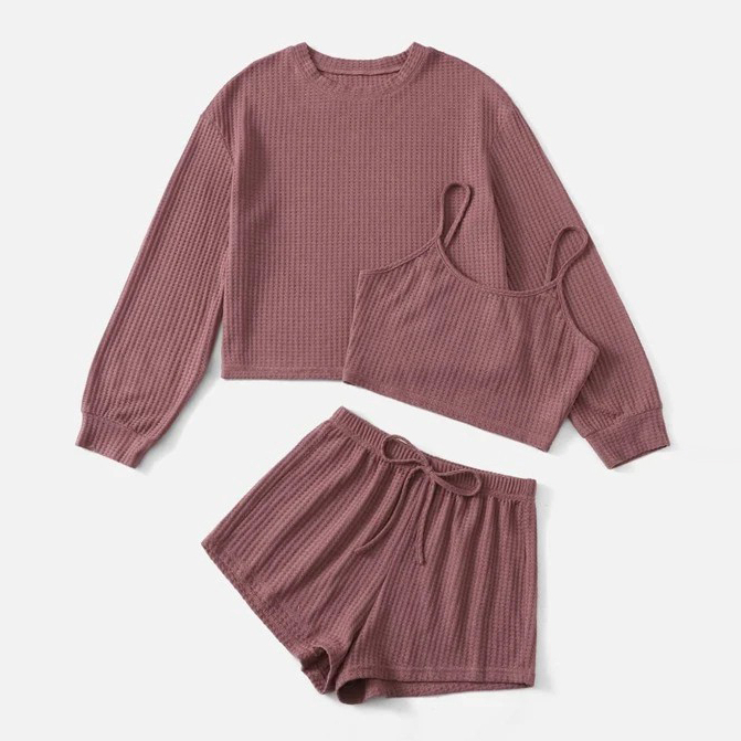 Solid Rib-knit Lounge Cami Top & Knot Detail Shorts & Drop Shoulder Tee - Medium(6)