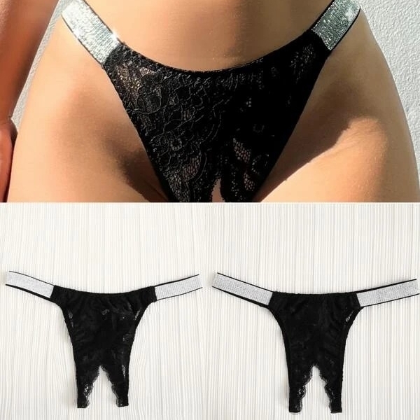 Lace Insert Contrast Tape Crotchless Thong - Large