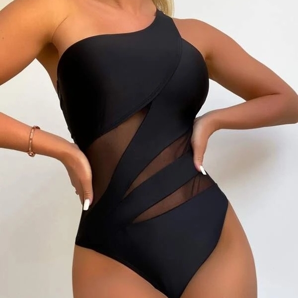Plain Contrast Mesh One Shoulder One Piece Swimsuit - Small(4)