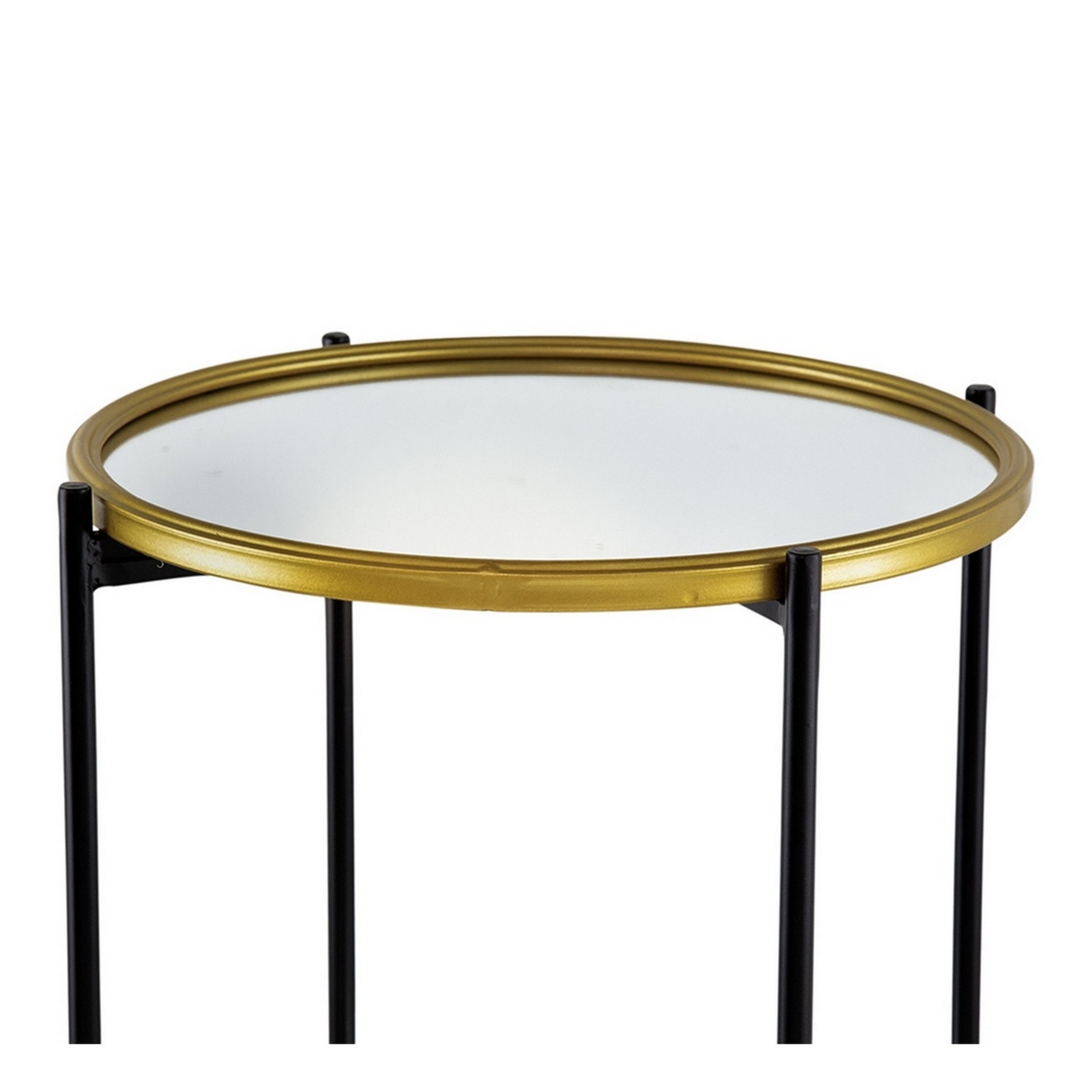 Ara 39 Inch Round 3 Tier Shelf, Metal, Mirrored Glass Shelves, Black, Gold- Saltoro Sherpi