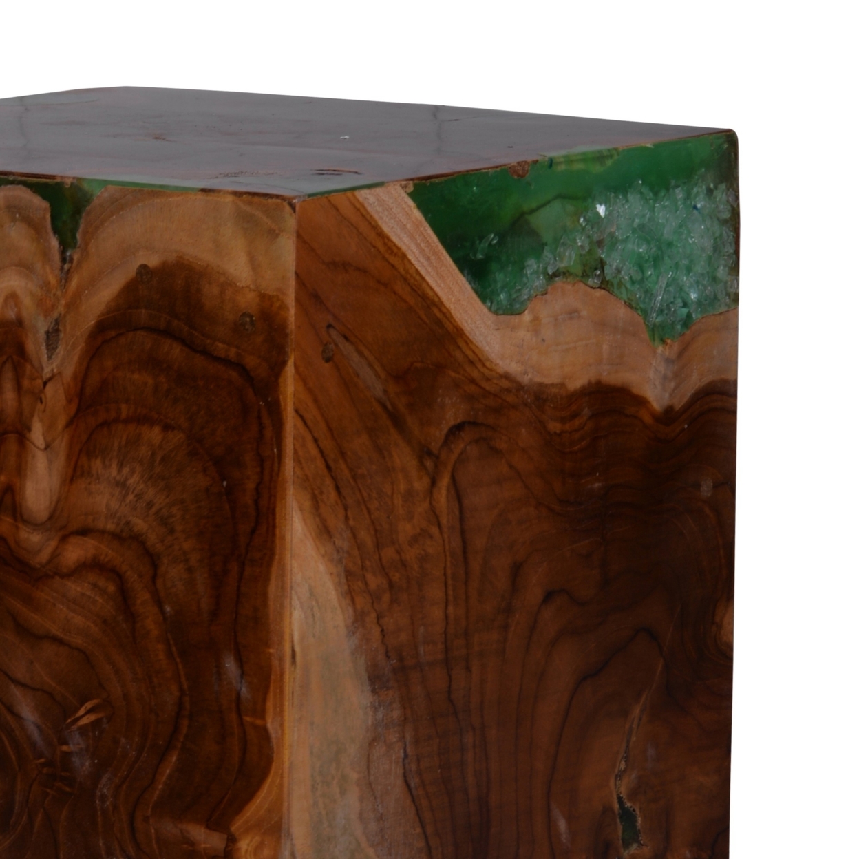 16 Inch Modern Accent Stool Table, Teak Wood Cube With Green Accents, Brown- Saltoro Sherpi