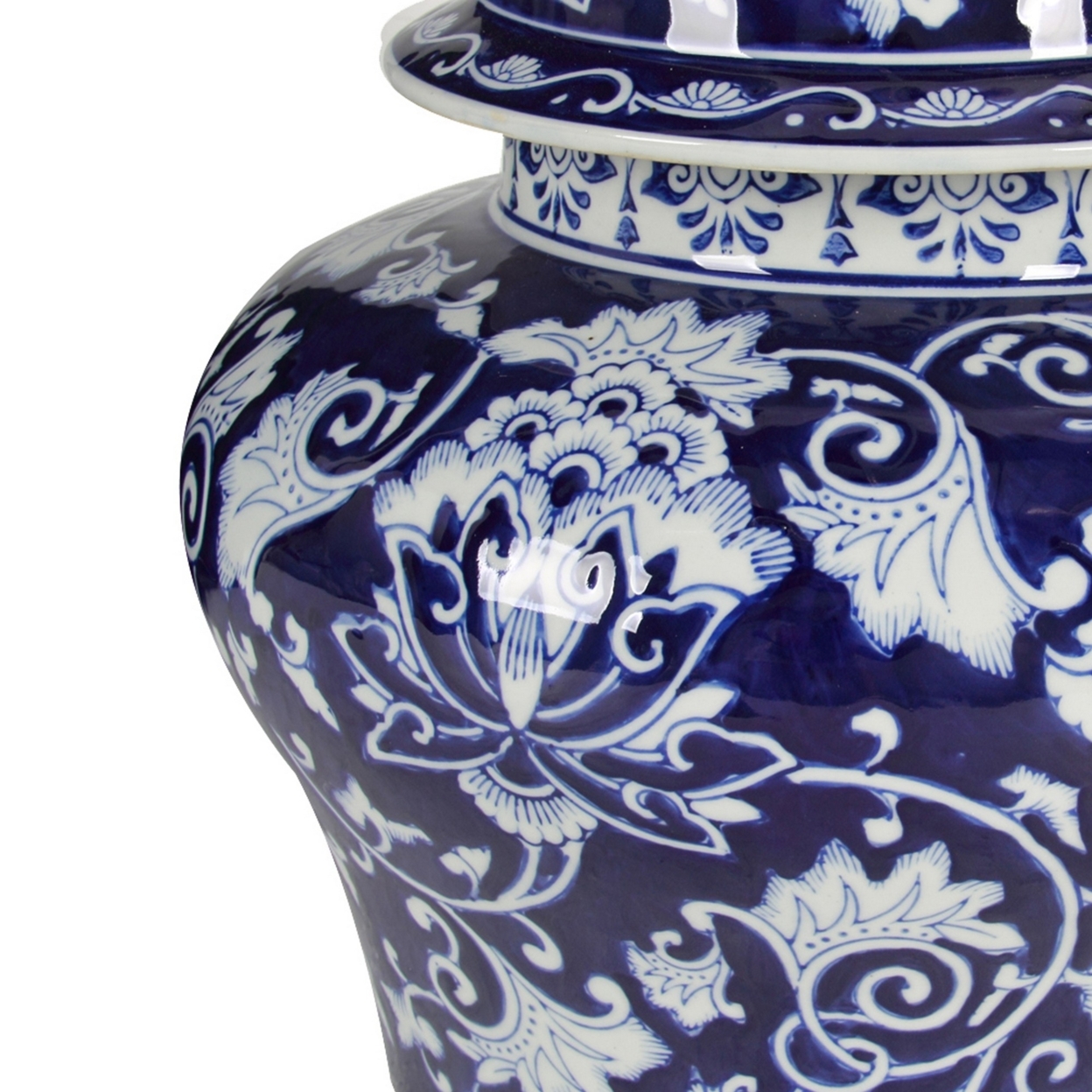 17 Inch Porcelain Ginger Jar, Decorative Floral Design Classic White, Blue- Saltoro Sherpi