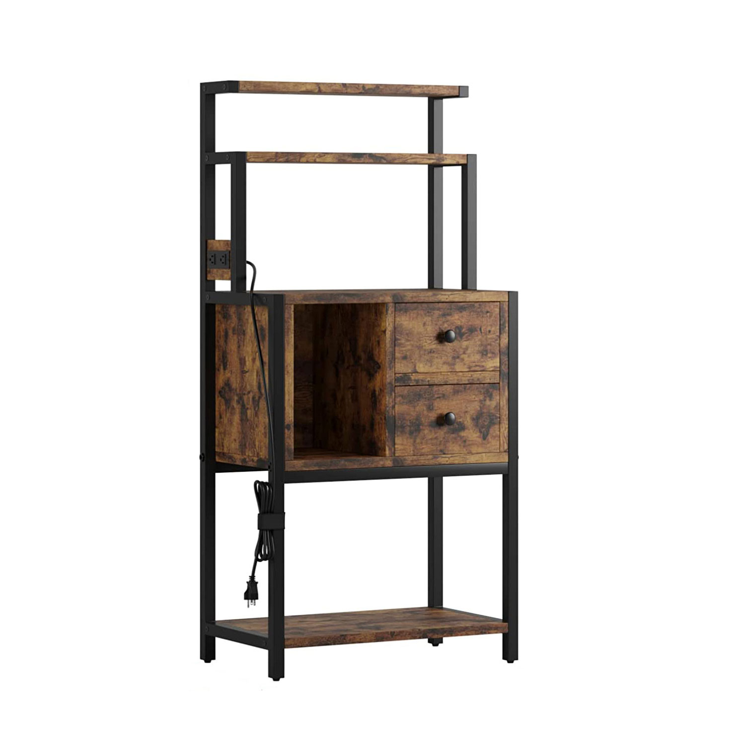 Rustic Brown Wood Bakers Rack with Power Outlet and 5-Tier Kitchen Storage Shelf