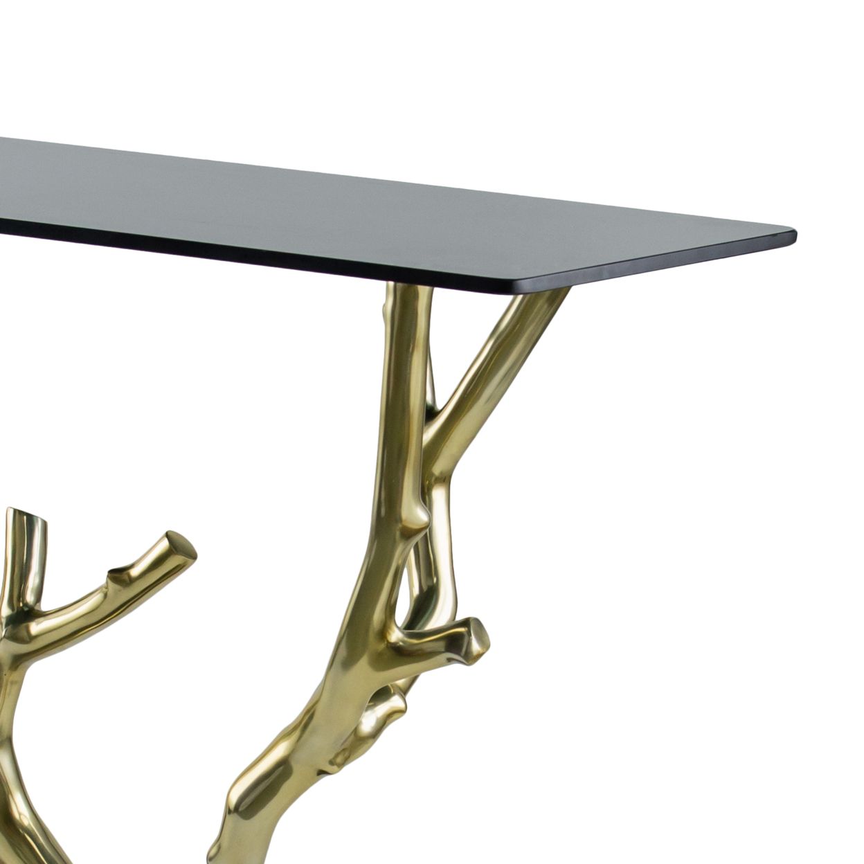 47 Inch Console Table, Artistic Branch Metal Frame, Black Glass Top, Gold- Saltoro Sherpi