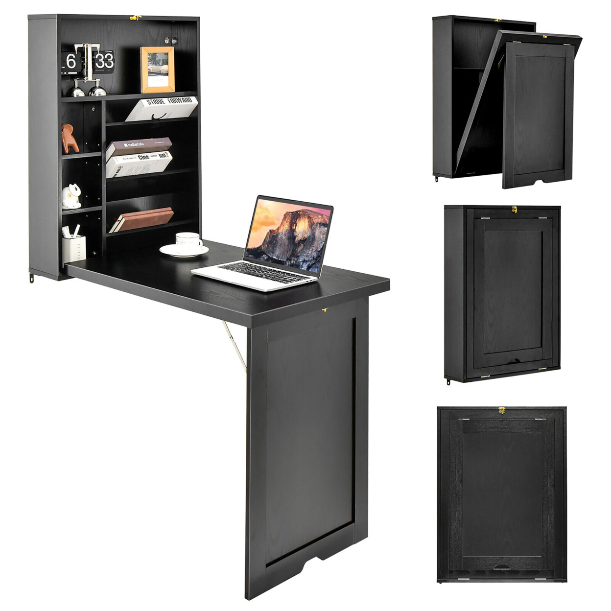 Wall Mounted Fold-Out Convertible Floating Desk Space Saver Writing Table Black