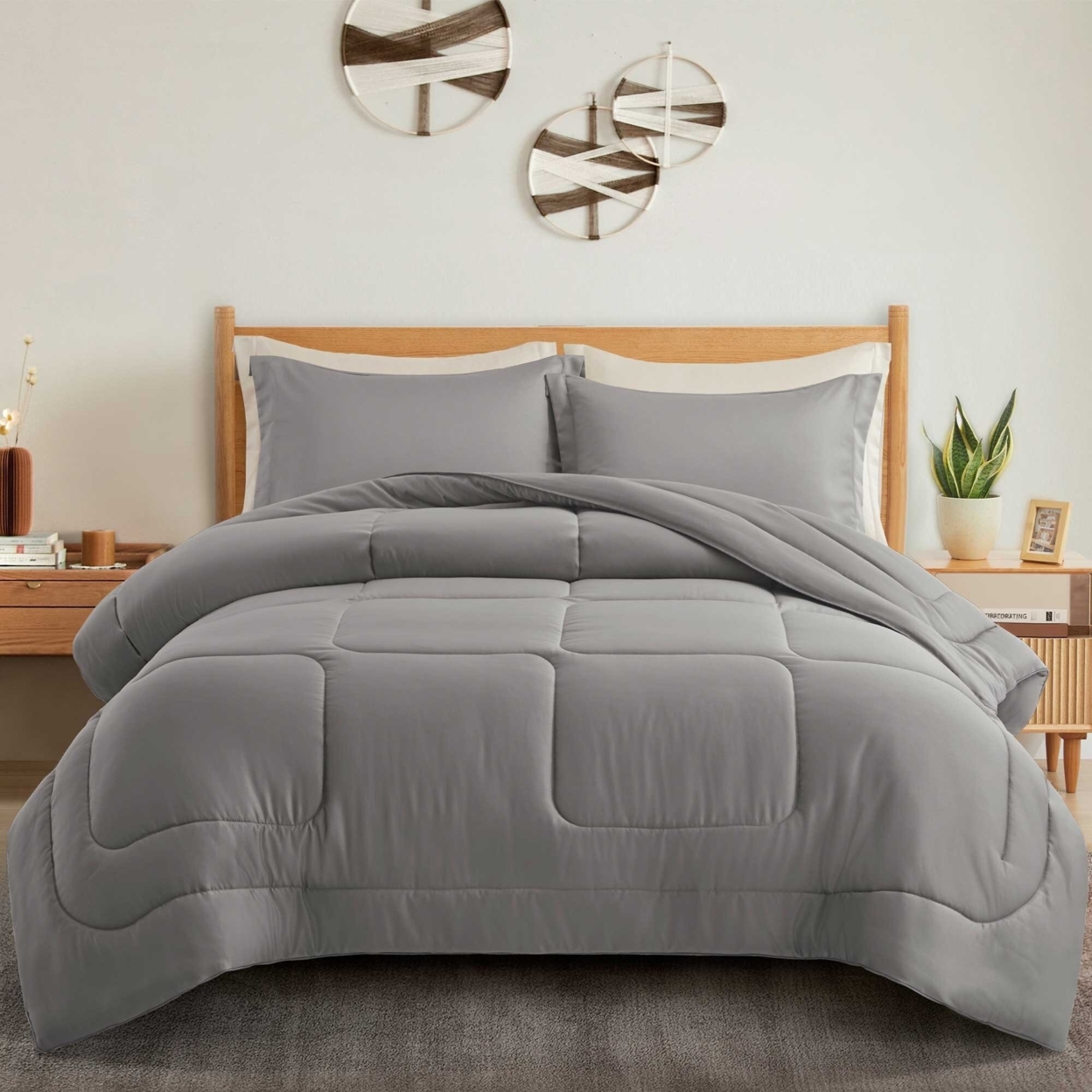 All Season Satin Down Alternative Comforter Set With Pillow Shams - Light Gray, Full/Queen