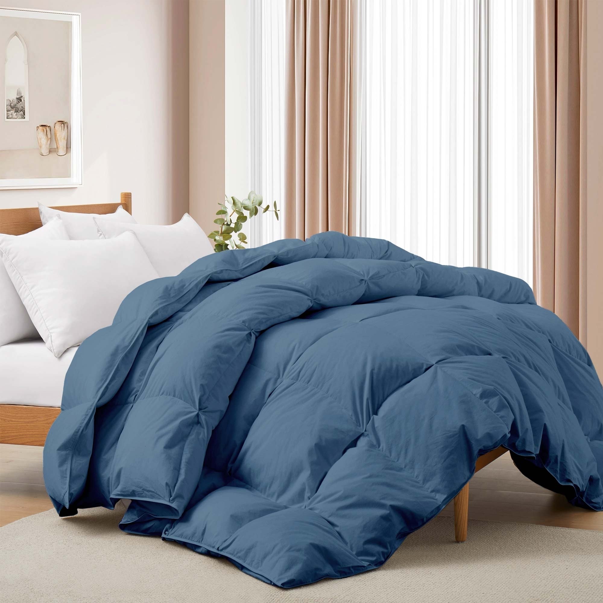 All Seasons Pinch Pleat Goose Feather And Down Comforter-Breathable Cotton Fabric Baffled Box Duvet Insert - Stellar Blue, Twin