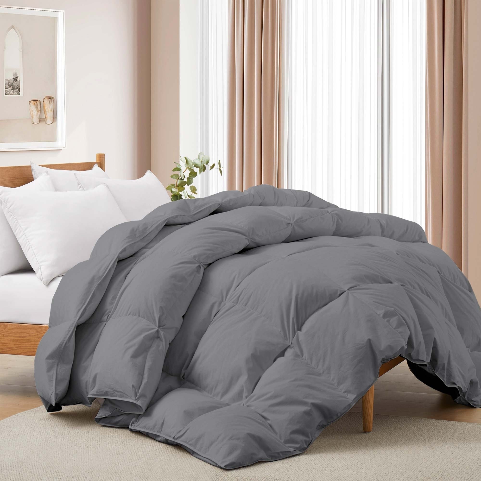 All Seasons Pinch Pleat Goose Feather And Down Comforter-Breathable Cotton Fabric Baffled Box Duvet Insert - Charcoal Gray, King