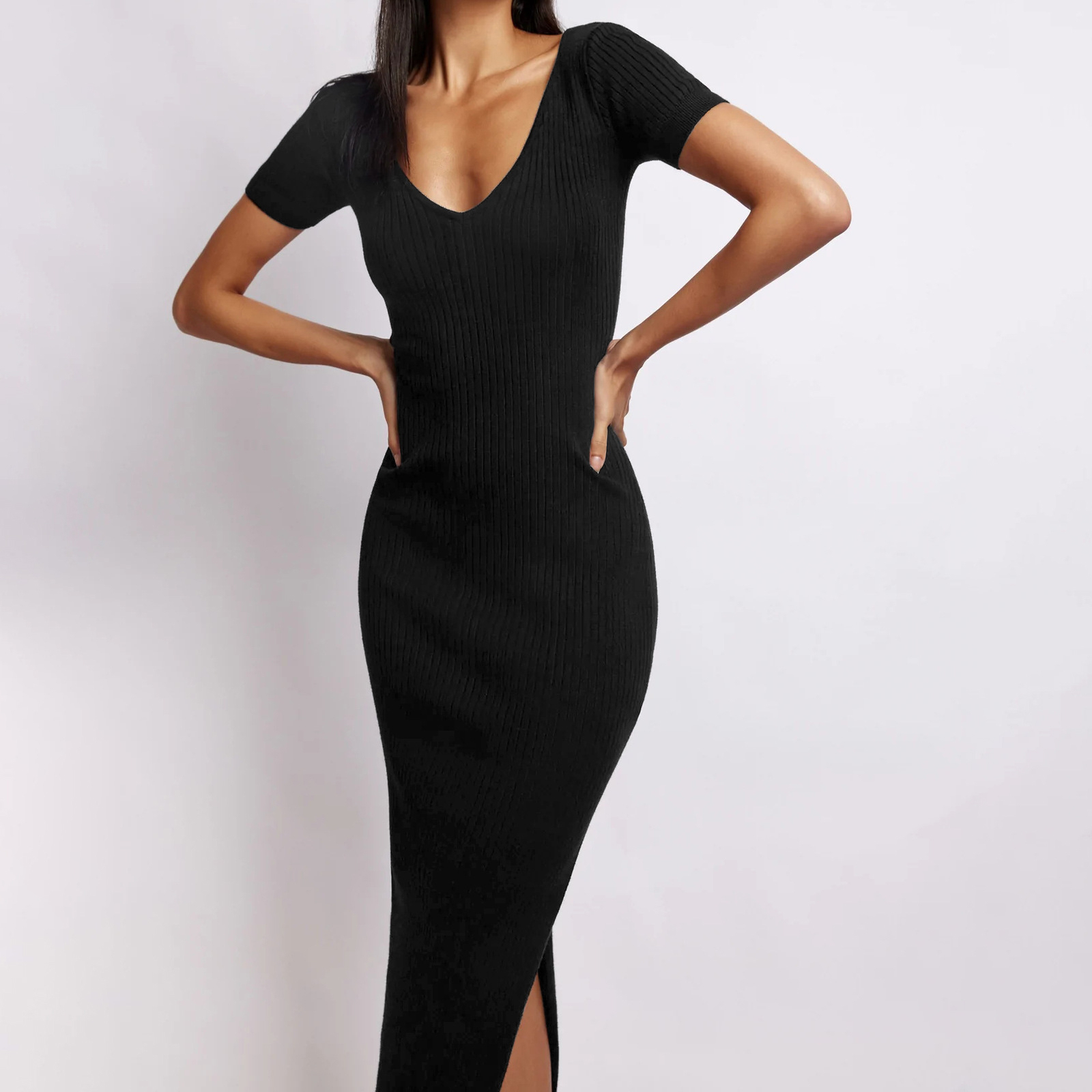 Sexy Women's V-neck Tight-fitting Split Skirt - Black, Large