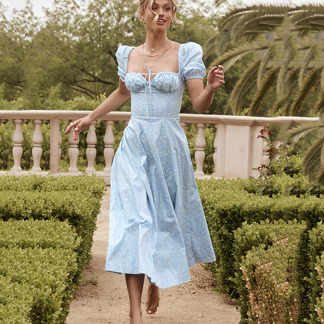 Print French Dress Floral Dress - Blue, X-Large
