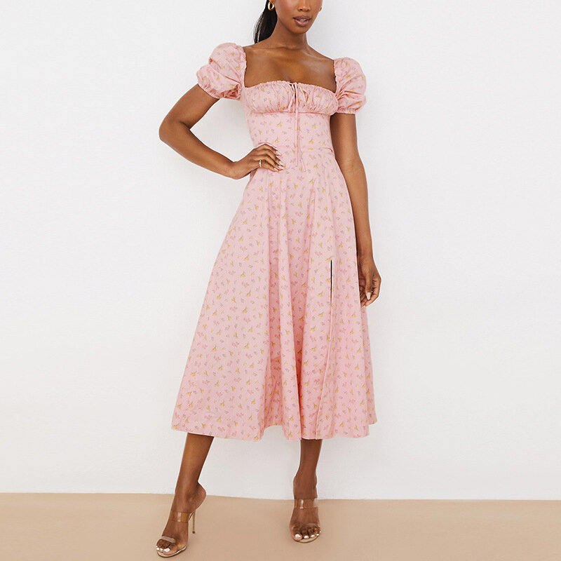 Print French Dress Floral Dress - Pink, Large