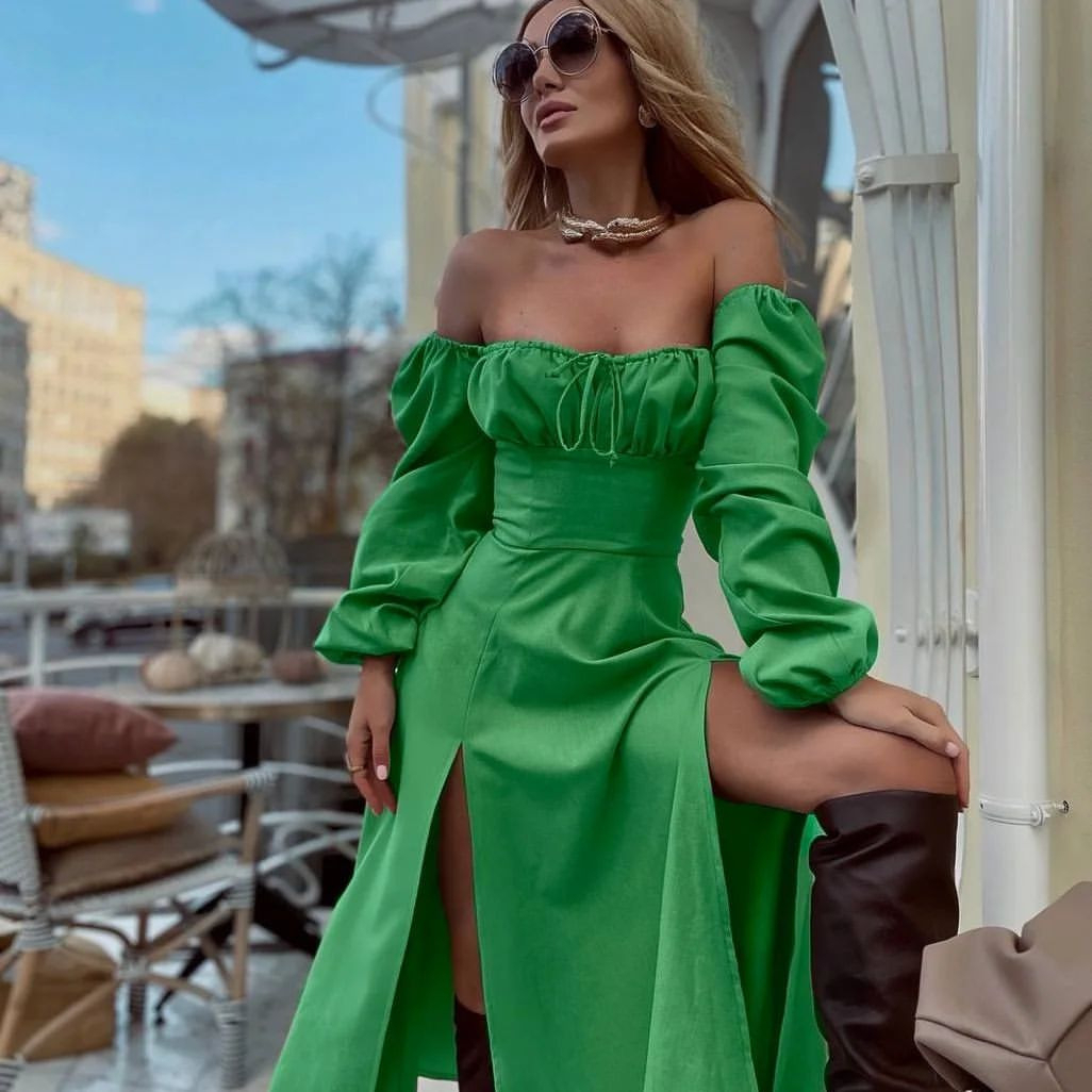 Strap Dress Lace Up Long Sleeve Dress - Green, Large
