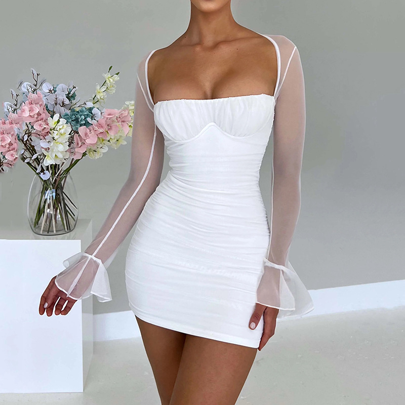 Fashion Sexy Long-sleeved High-waisted Dress - White, Small