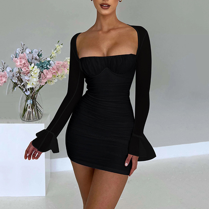 Fashion Sexy Long-sleeved High-waisted Dress - Black, Small