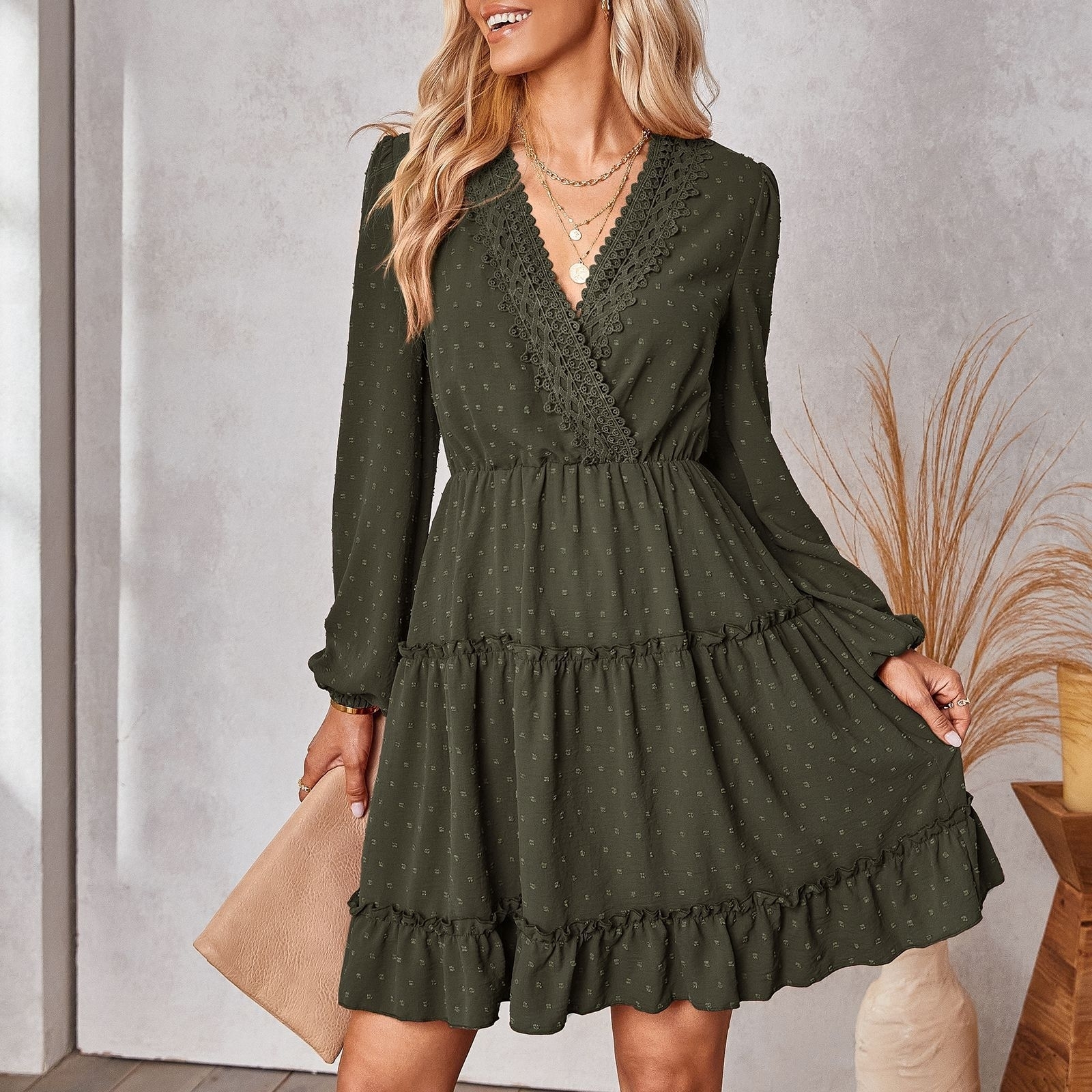 Fashion V-neck Dress With Jacquard - Green, Medium