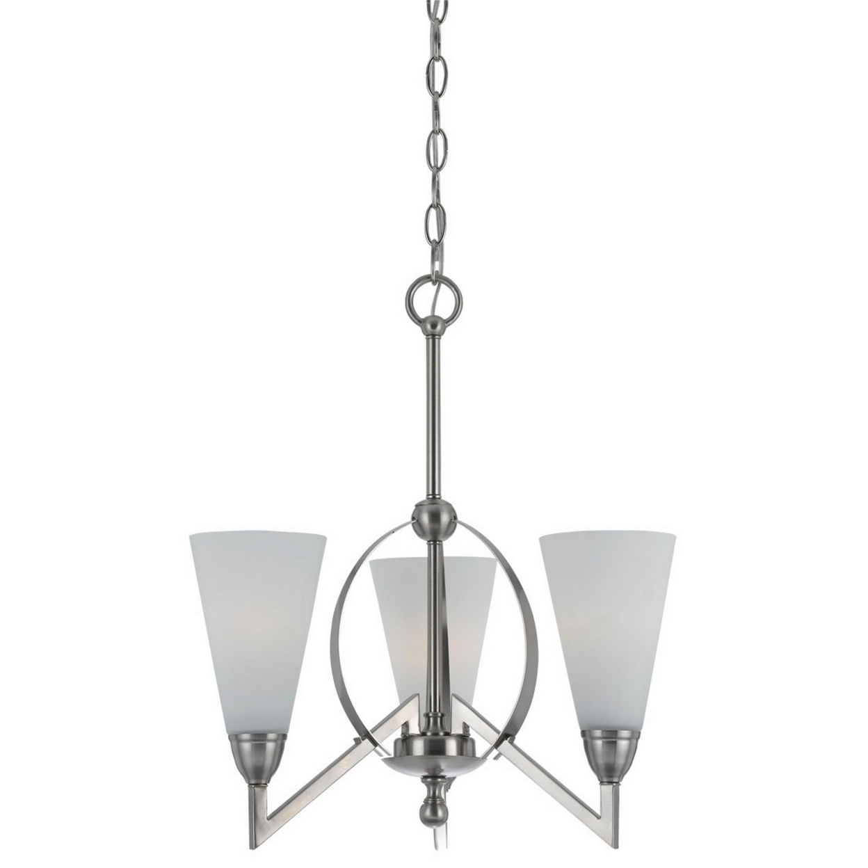 19 Inch 3 Light Chandelier With Frosted Glass Shade, Silver Finish, White- Saltoro Sherpi