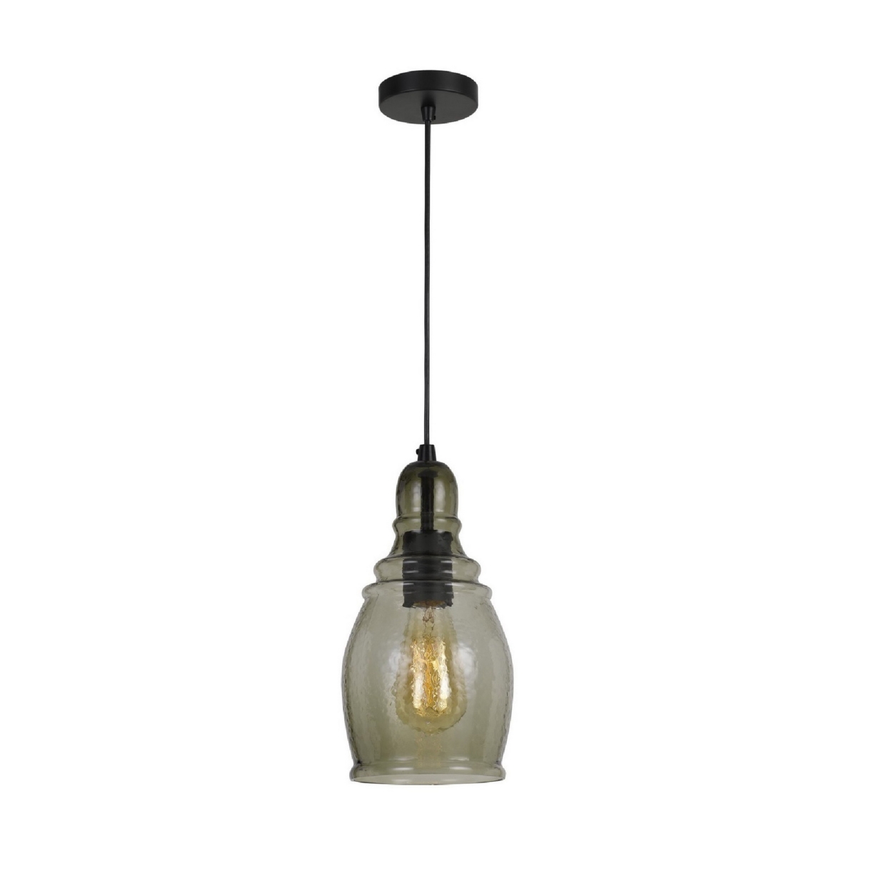 6 Inch Modern LED Pendent Light, Rippled Glass Shade, Smoky Finish, Black- Saltoro Sherpi