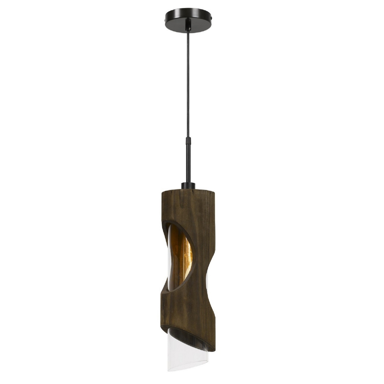 6 Inch Modern Pendent Light With Glass Shade, Wood Accent, Metal, Brown- Saltoro Sherpi