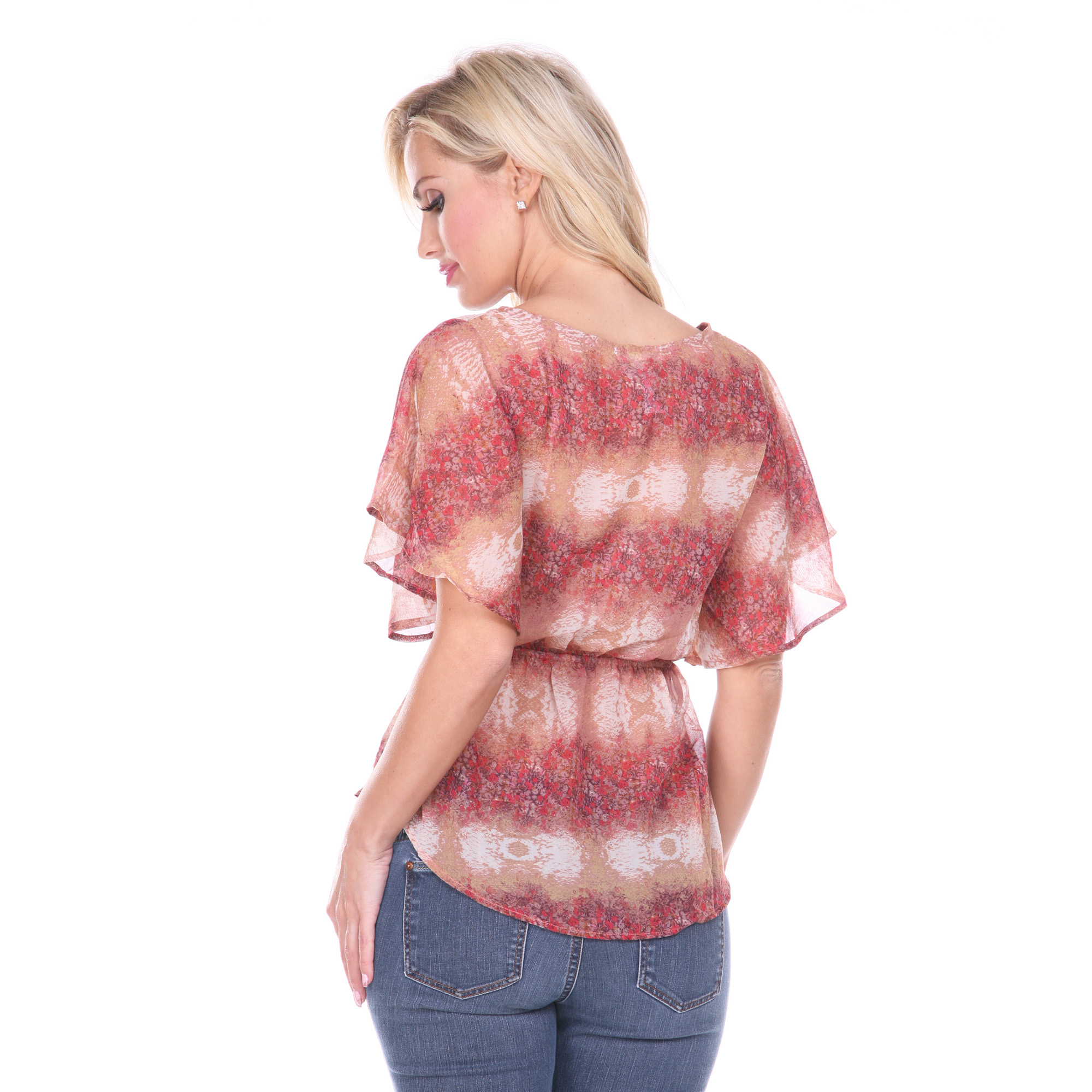CLEARANCE Floral Sheer Kimono Sleeve Blouse With Tie Waist - Red, Medium