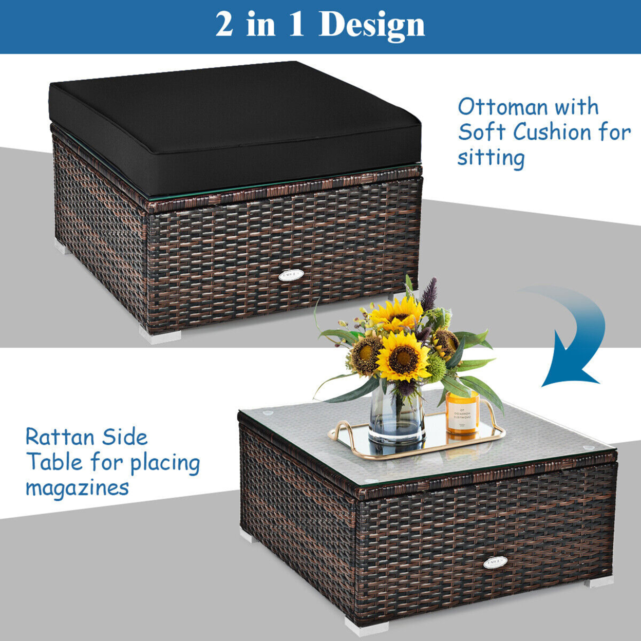 6PCS Patio Conversation Set Rattan Sectional Furniture Set W/ Black Cushions