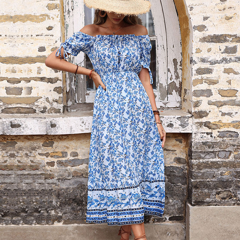 Slim Vintage Print High Waist Off Shoulder Dress - Medium