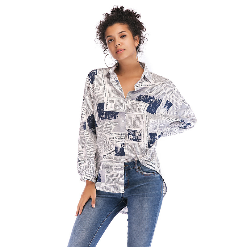 Fashion Long-sleeved Letter-printed Shirt For Women - Blue, Large