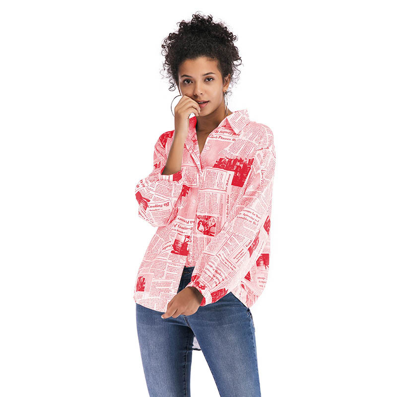 Fashion Long-sleeved Letter-printed Shirt For Women - Red, Medium