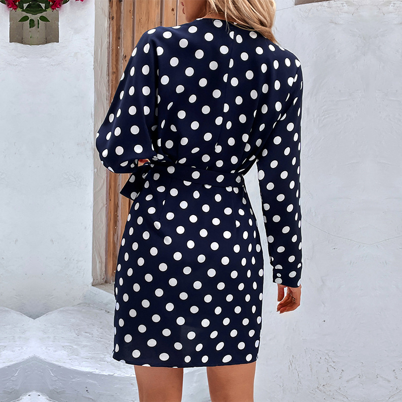 One-piece Long-sleeved Polka Dot Printed Dress - Large