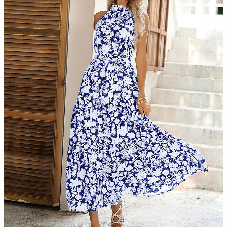 French Halter Sleeveless Split Print Sexy Dress - Blue, Small
