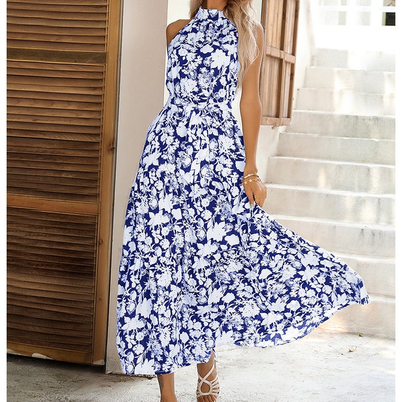 French Halter Sleeveless Split Print Sexy Dress - Blue, Large