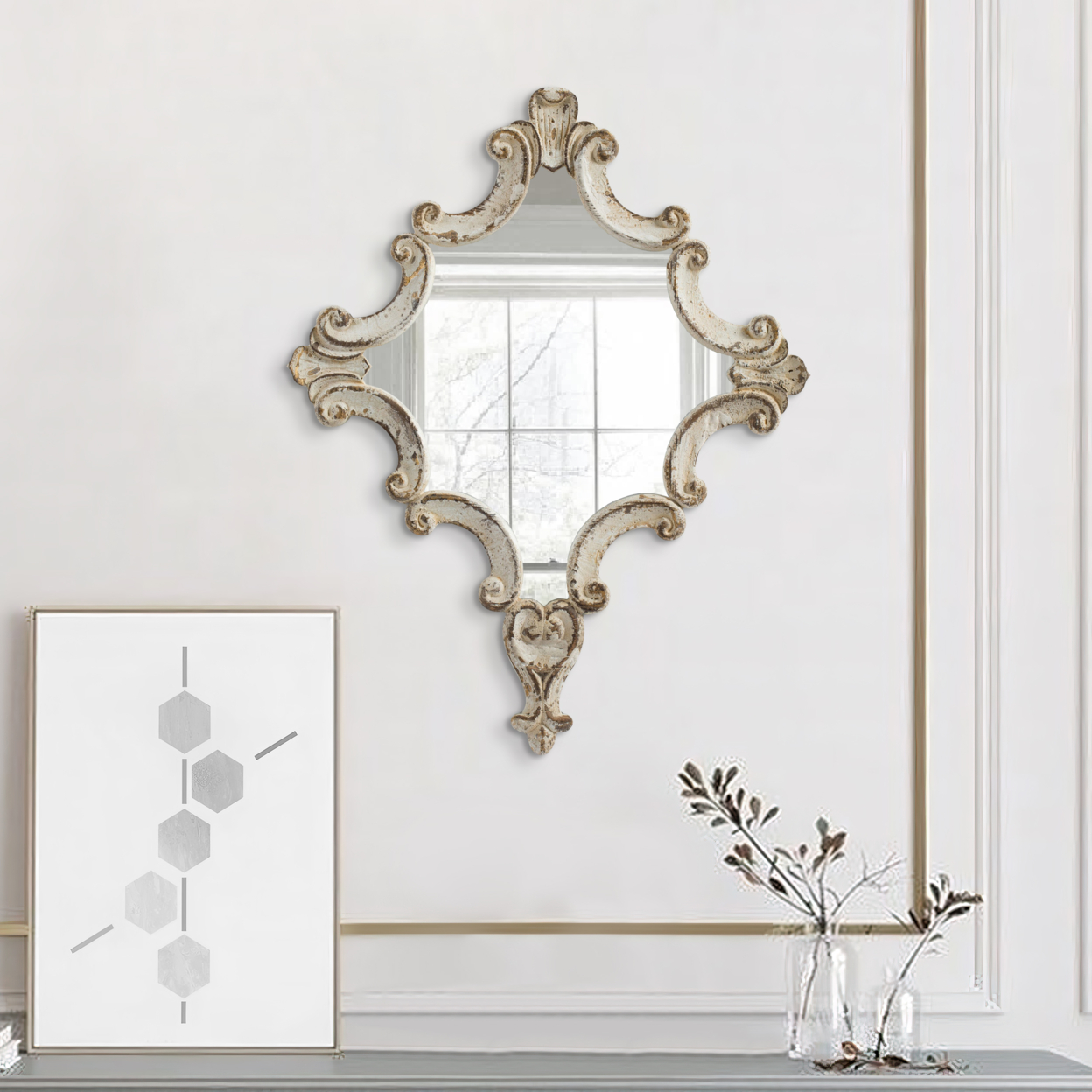 30 Inch Accent Wall Mirror, Carved Ornate Scrollwork Antique White Fir Wood- Saltoro Sherpi