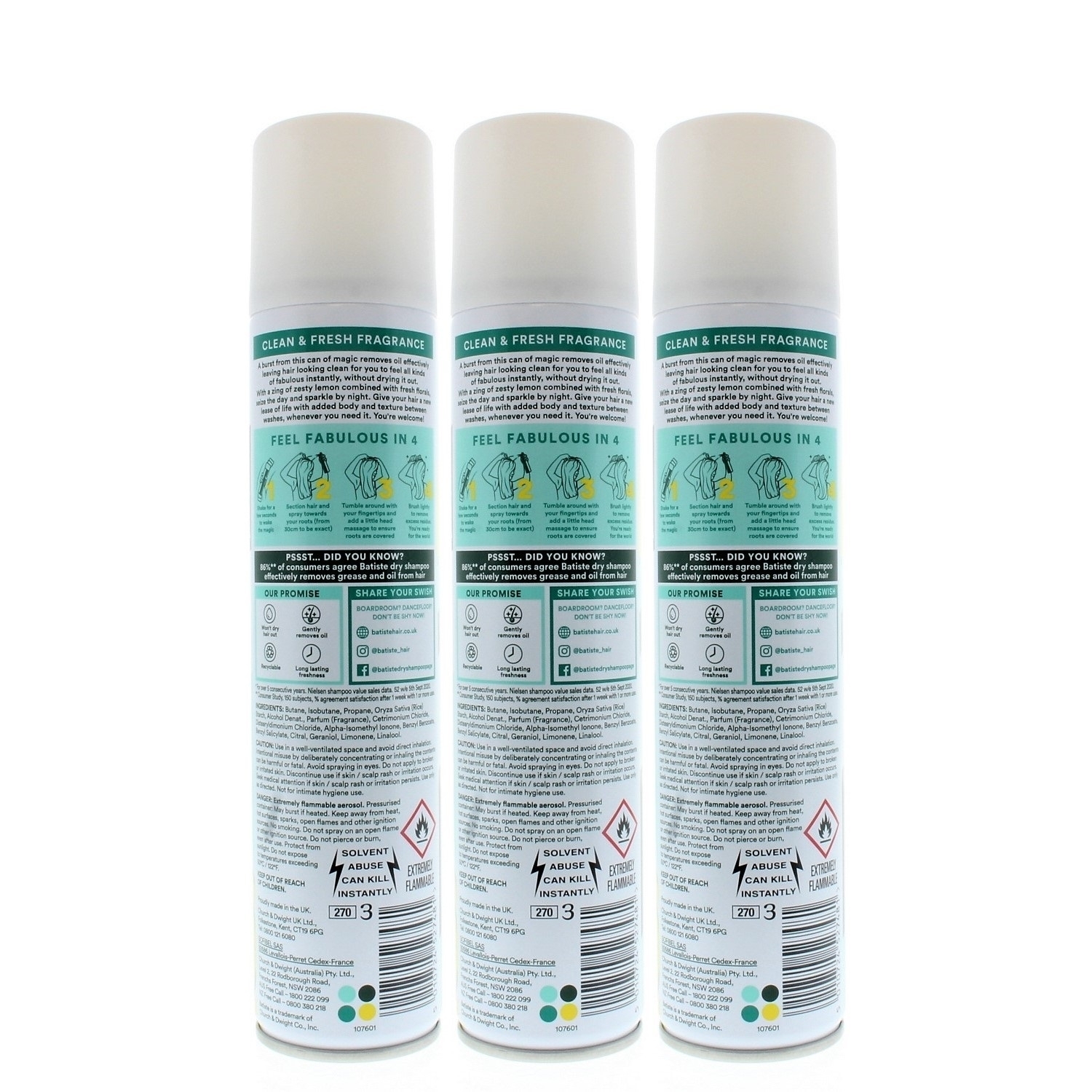 Batiste Instant Hair Refresh Dry Shampoo Original Classic Fresh 200ml/120g (3-Pack)