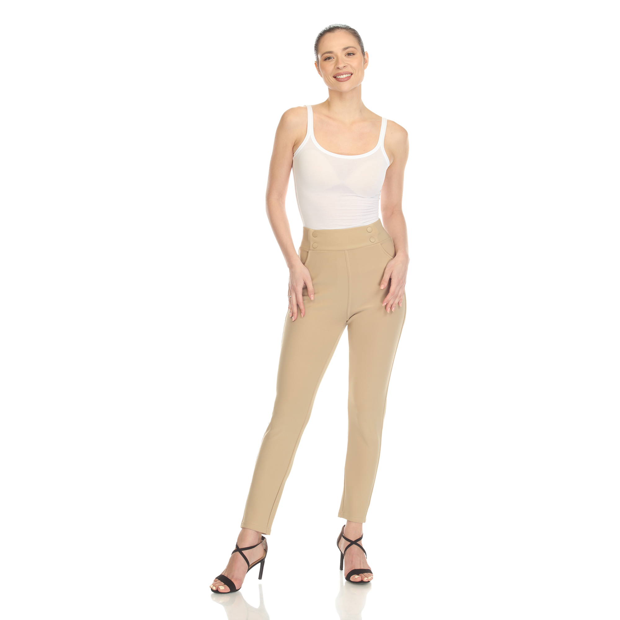 White Mark Women's Super Soft Elastic Waistband High Waist Scuba Pants With Pockets - Beige, X-Large