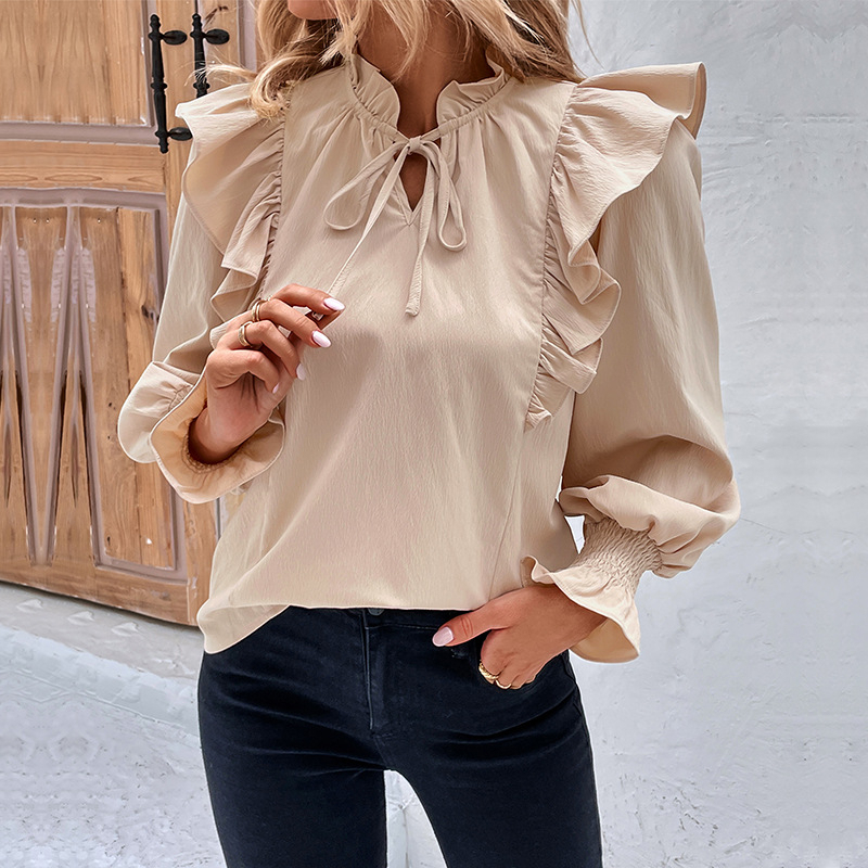 Ruffled Long-sleeved Solid Color Shirt For Women - Small